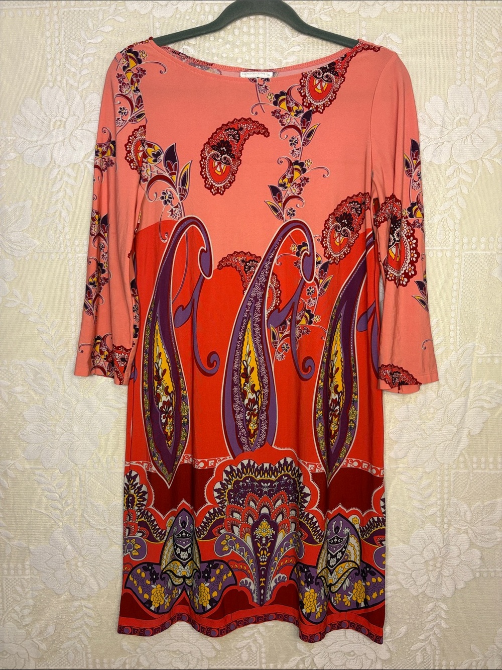 London Times Coral and Red Paisley Long Sleeve Shift Dress